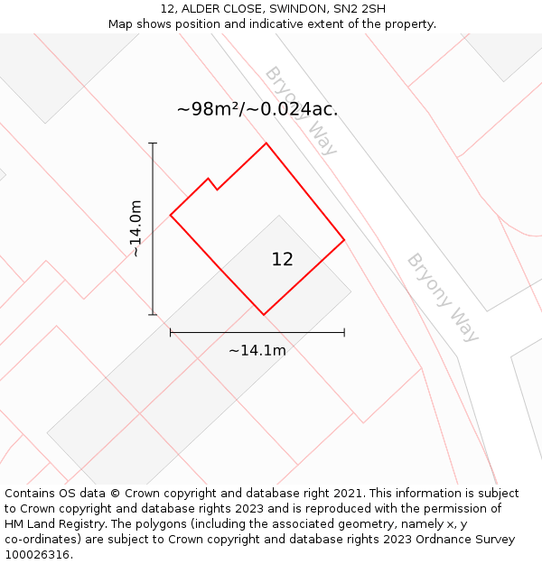 12, ALDER CLOSE, SWINDON, SN2 2SH: Plot and title map