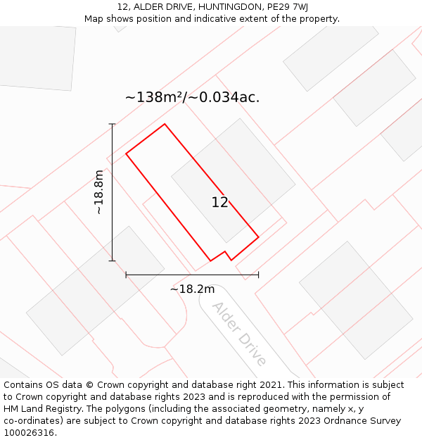 12, ALDER DRIVE, HUNTINGDON, PE29 7WJ: Plot and title map