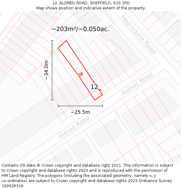 12, ALDRED ROAD, SHEFFIELD, S10 1PD: Plot and title map