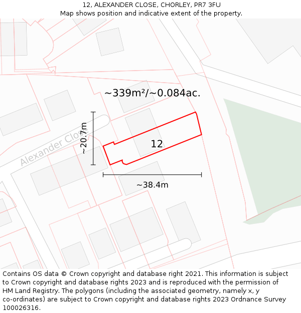 12, ALEXANDER CLOSE, CHORLEY, PR7 3FU: Plot and title map