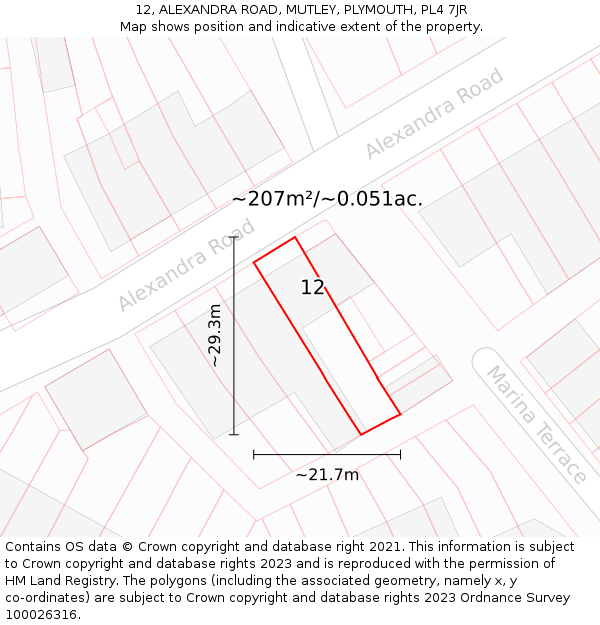 12, ALEXANDRA ROAD, MUTLEY, PLYMOUTH, PL4 7JR: Plot and title map