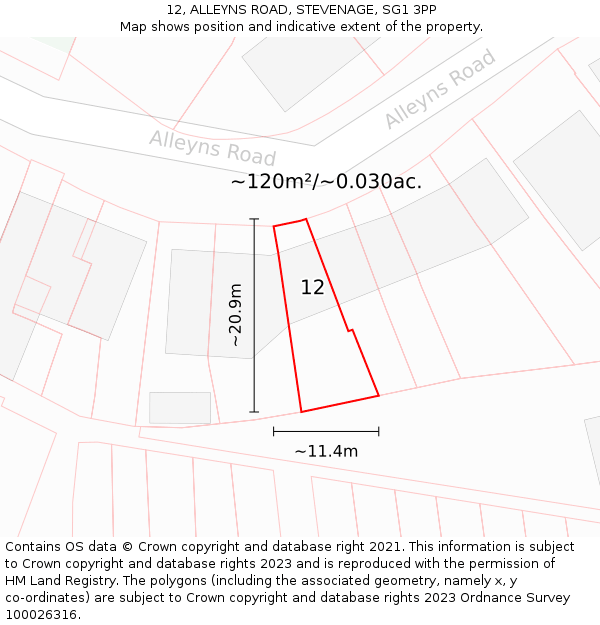12, ALLEYNS ROAD, STEVENAGE, SG1 3PP: Plot and title map