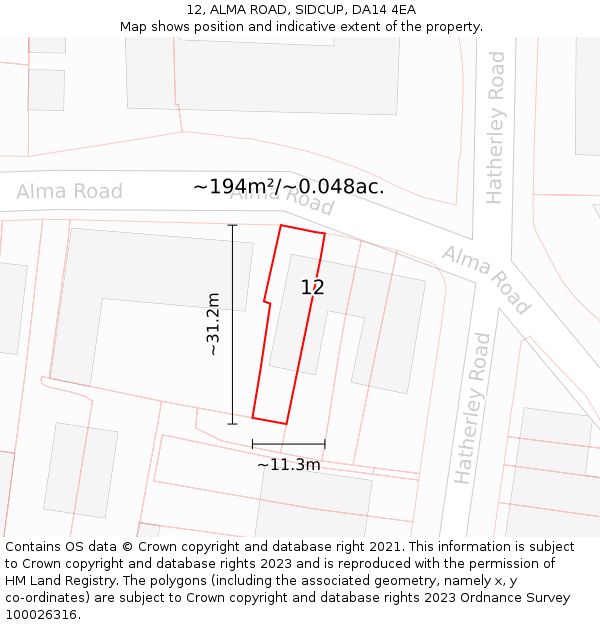 12, ALMA ROAD, SIDCUP, DA14 4EA: Plot and title map