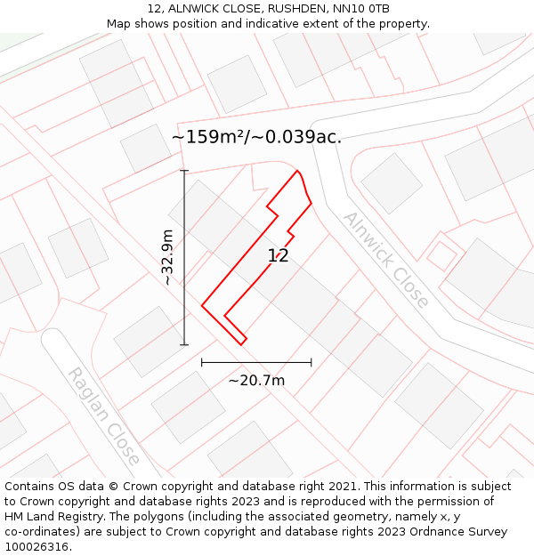 12, ALNWICK CLOSE, RUSHDEN, NN10 0TB: Plot and title map