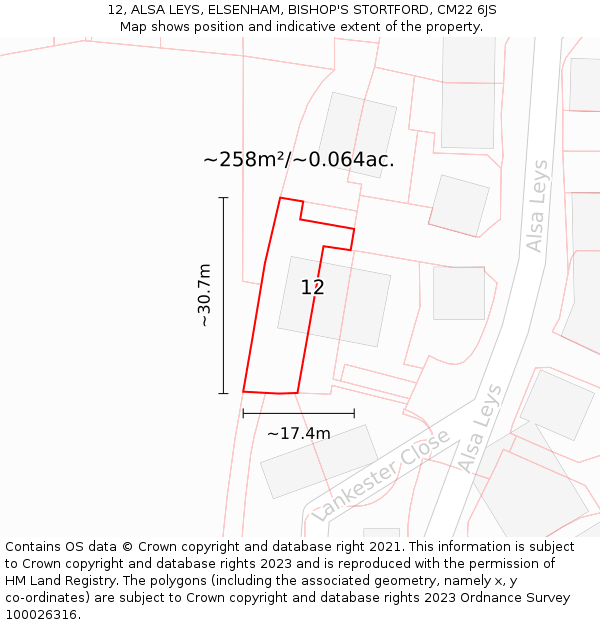 12, ALSA LEYS, ELSENHAM, BISHOP'S STORTFORD, CM22 6JS: Plot and title map