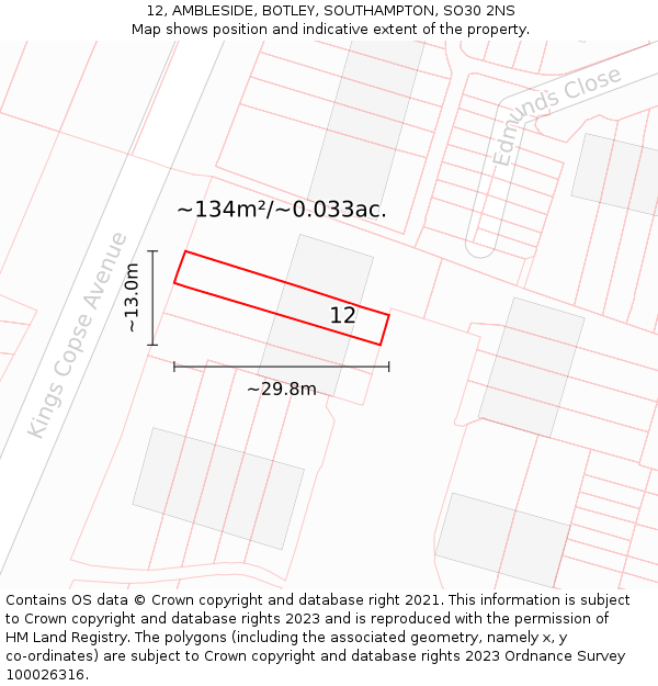 12, AMBLESIDE, BOTLEY, SOUTHAMPTON, SO30 2NS: Plot and title map