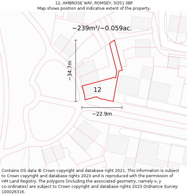 12, AMBROSE WAY, ROMSEY, SO51 0BF: Plot and title map