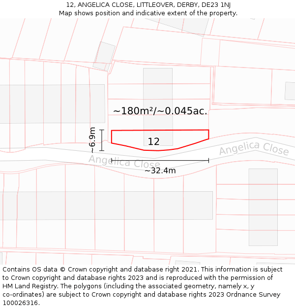 12, ANGELICA CLOSE, LITTLEOVER, DERBY, DE23 1NJ: Plot and title map