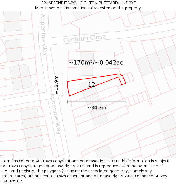 12, APPENINE WAY, LEIGHTON BUZZARD, LU7 3XE: Plot and title map