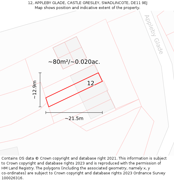 12, APPLEBY GLADE, CASTLE GRESLEY, SWADLINCOTE, DE11 9EJ: Plot and title map