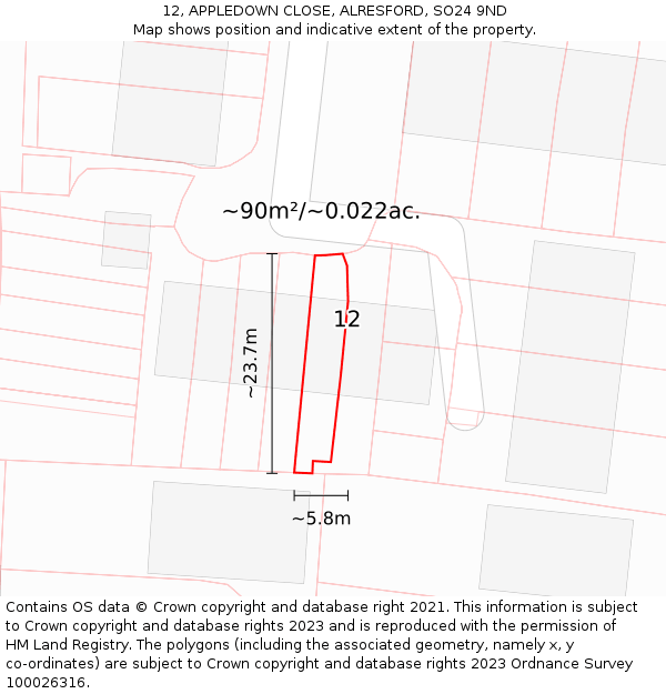 12, APPLEDOWN CLOSE, ALRESFORD, SO24 9ND: Plot and title map