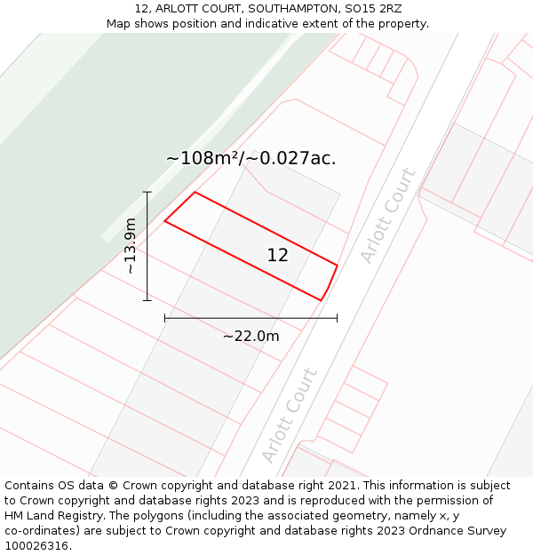 12, ARLOTT COURT, SOUTHAMPTON, SO15 2RZ: Plot and title map