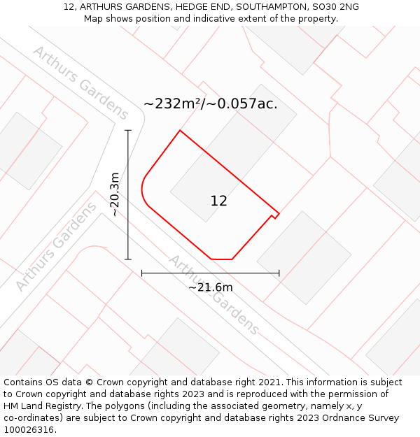 12, ARTHURS GARDENS, HEDGE END, SOUTHAMPTON, SO30 2NG: Plot and title map