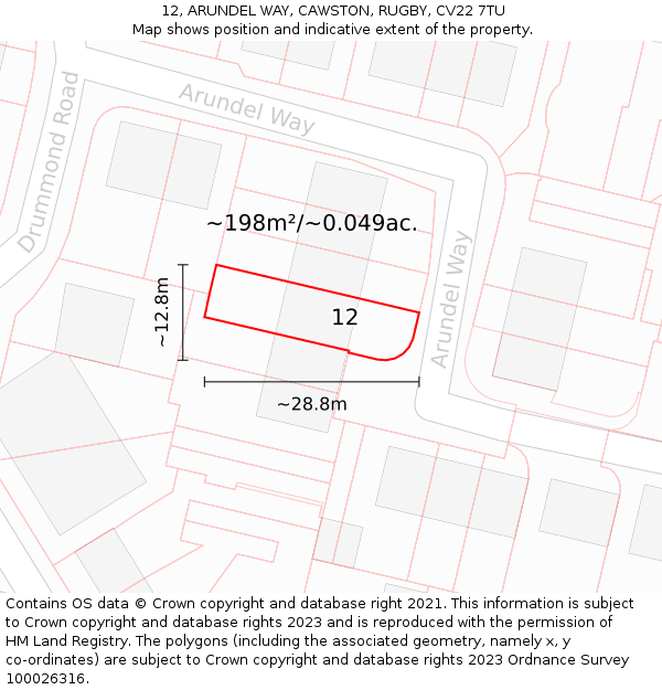 12, ARUNDEL WAY, CAWSTON, RUGBY, CV22 7TU: Plot and title map