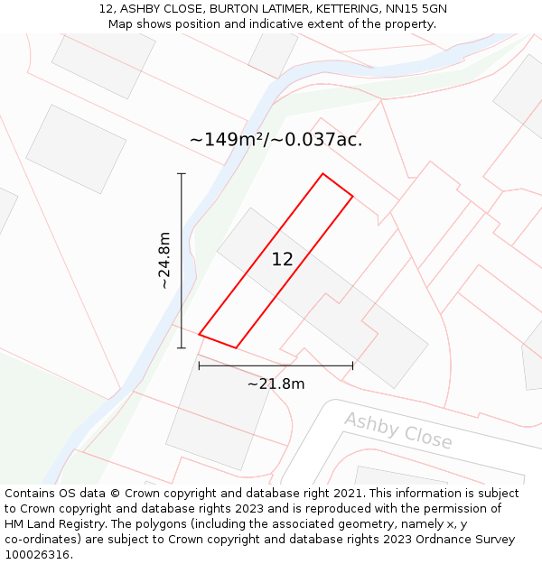 12, ASHBY CLOSE, BURTON LATIMER, KETTERING, NN15 5GN: Plot and title map