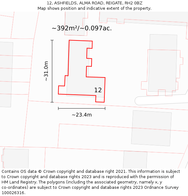 12, ASHFIELDS, ALMA ROAD, REIGATE, RH2 0BZ: Plot and title map