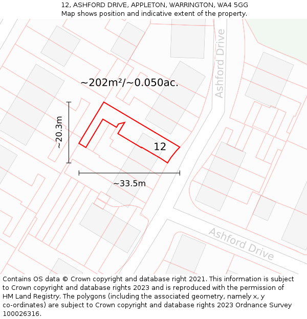 12, ASHFORD DRIVE, APPLETON, WARRINGTON, WA4 5GG: Plot and title map