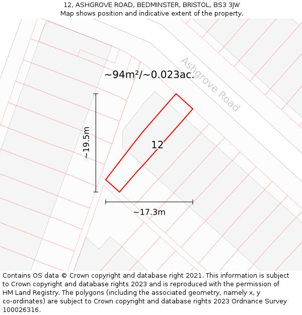 12, ASHGROVE ROAD, BEDMINSTER, BRISTOL, BS3 3JW: Plot and title map