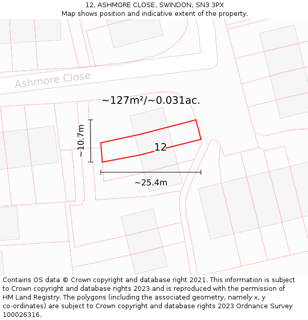 12, ASHMORE CLOSE, SWINDON, SN3 3PX: Plot and title map