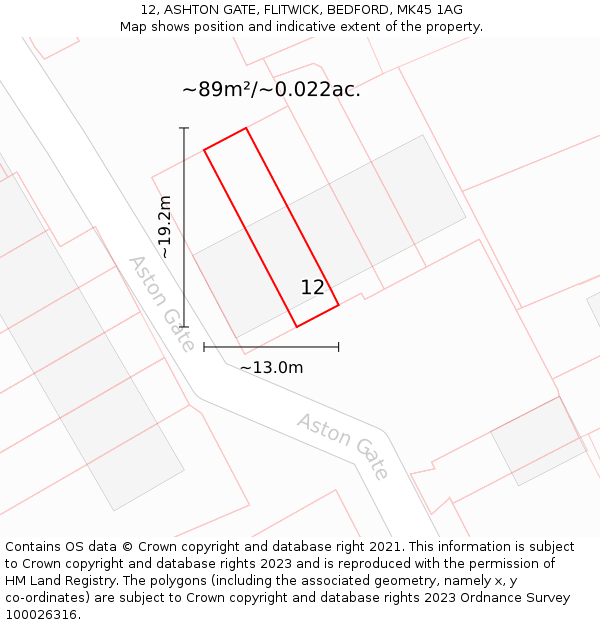 12, ASHTON GATE, FLITWICK, BEDFORD, MK45 1AG: Plot and title map