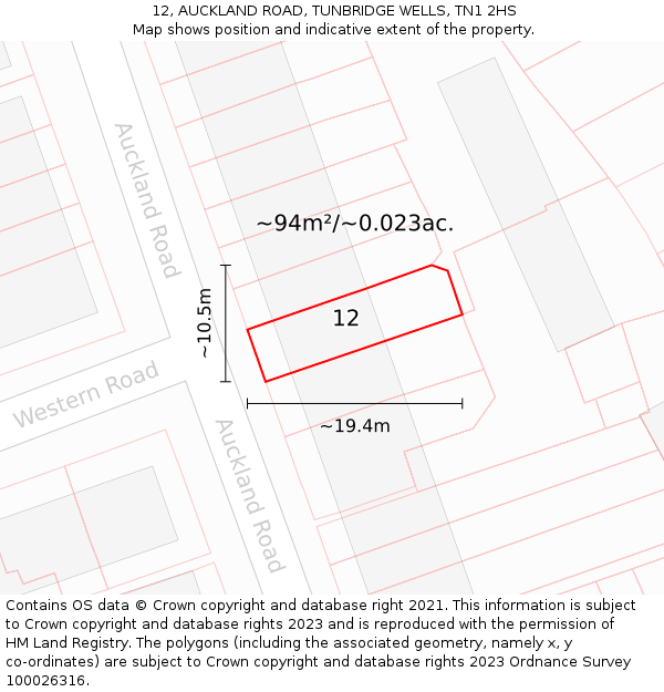12, AUCKLAND ROAD, TUNBRIDGE WELLS, TN1 2HS: Plot and title map