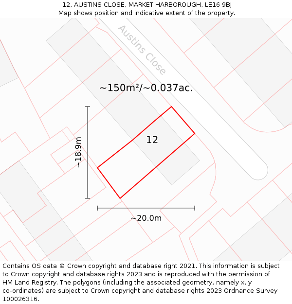 12, AUSTINS CLOSE, MARKET HARBOROUGH, LE16 9BJ: Plot and title map