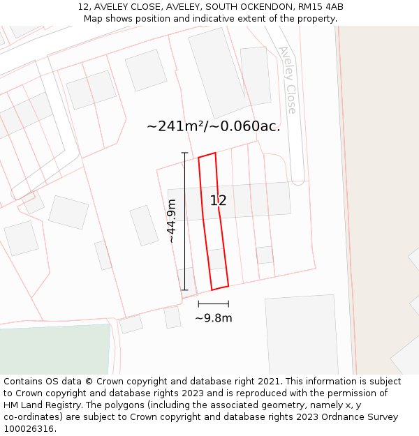 12, AVELEY CLOSE, AVELEY, SOUTH OCKENDON, RM15 4AB: Plot and title map