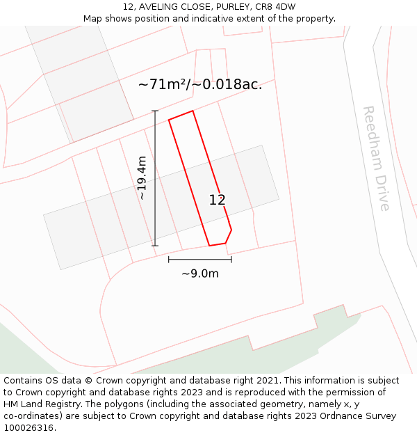 12, AVELING CLOSE, PURLEY, CR8 4DW: Plot and title map