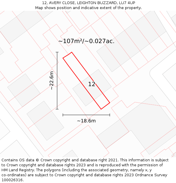 12, AVERY CLOSE, LEIGHTON BUZZARD, LU7 4UP: Plot and title map