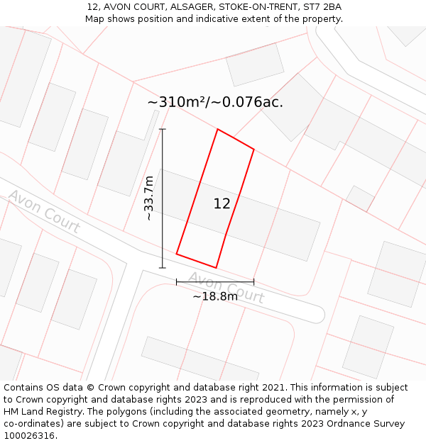 12, AVON COURT, ALSAGER, STOKE-ON-TRENT, ST7 2BA: Plot and title map