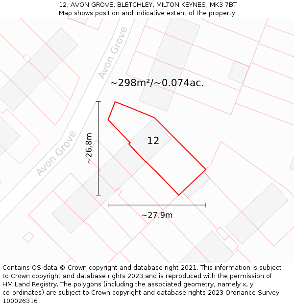 12, AVON GROVE, BLETCHLEY, MILTON KEYNES, MK3 7BT: Plot and title map