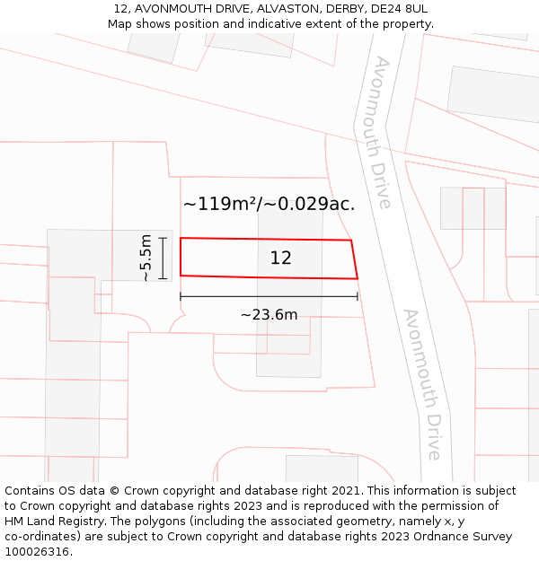 12, AVONMOUTH DRIVE, ALVASTON, DERBY, DE24 8UL: Plot and title map