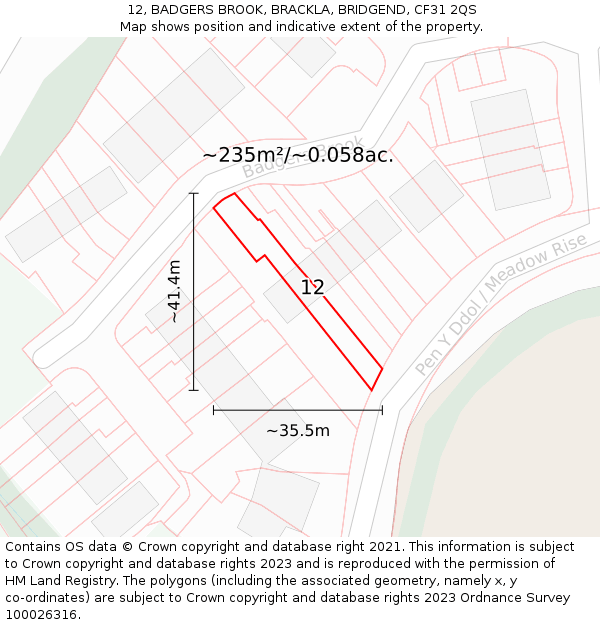 12, BADGERS BROOK, BRACKLA, BRIDGEND, CF31 2QS: Plot and title map