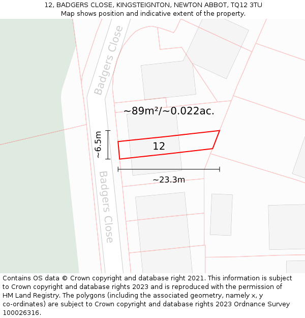 12, BADGERS CLOSE, KINGSTEIGNTON, NEWTON ABBOT, TQ12 3TU: Plot and title map