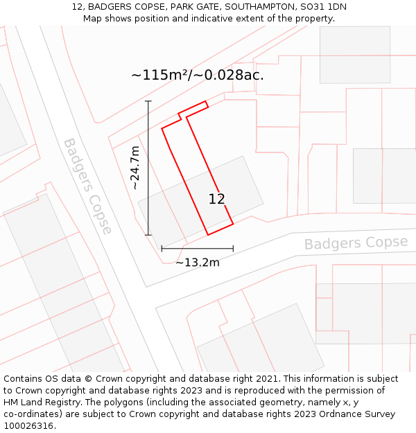 12, BADGERS COPSE, PARK GATE, SOUTHAMPTON, SO31 1DN: Plot and title map