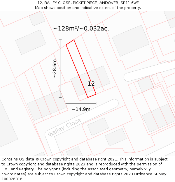 12, BAILEY CLOSE, PICKET PIECE, ANDOVER, SP11 6WF: Plot and title map