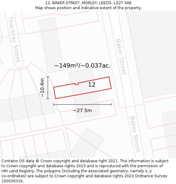 12, BAKER STREET, MORLEY, LEEDS, LS27 0AE: Plot and title map