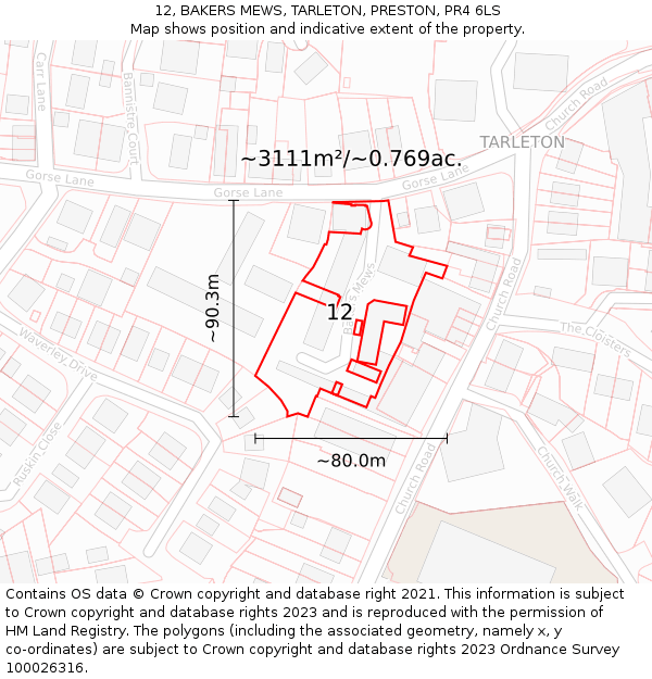 12, BAKERS MEWS, TARLETON, PRESTON, PR4 6LS: Plot and title map