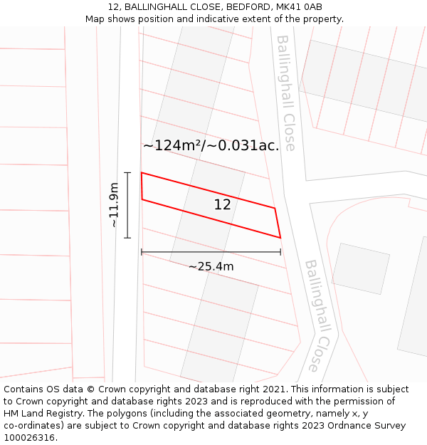 12, BALLINGHALL CLOSE, BEDFORD, MK41 0AB: Plot and title map