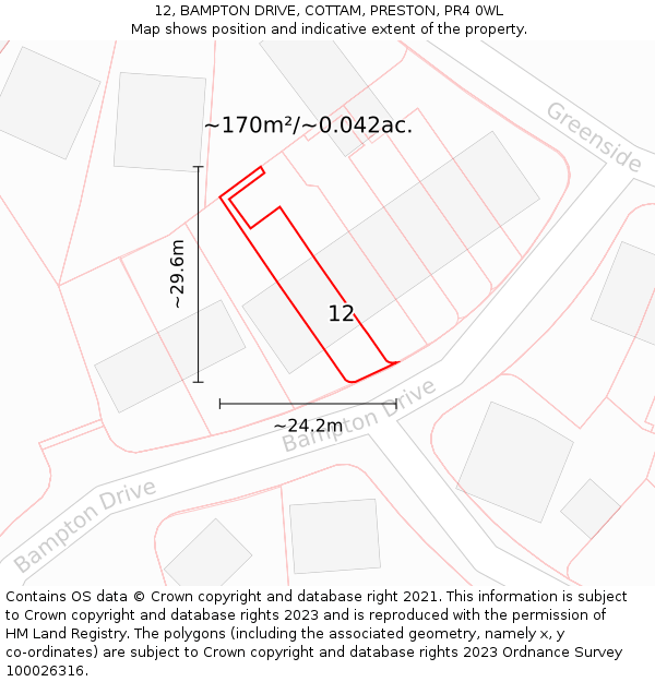 12, BAMPTON DRIVE, COTTAM, PRESTON, PR4 0WL: Plot and title map