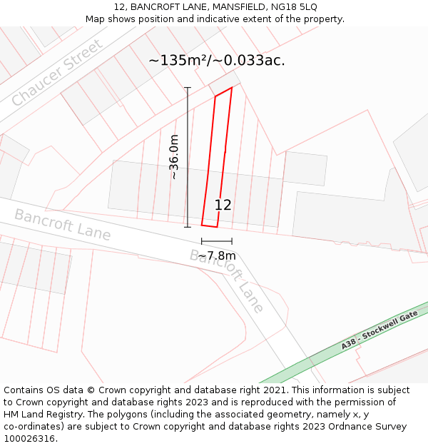 12, BANCROFT LANE, MANSFIELD, NG18 5LQ: Plot and title map