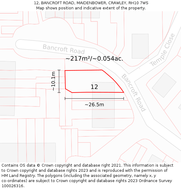 12, BANCROFT ROAD, MAIDENBOWER, CRAWLEY, RH10 7WS: Plot and title map