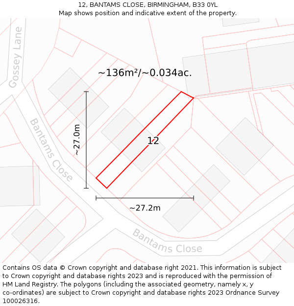 12, BANTAMS CLOSE, BIRMINGHAM, B33 0YL: Plot and title map