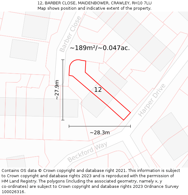 12, BARBER CLOSE, MAIDENBOWER, CRAWLEY, RH10 7LU: Plot and title map