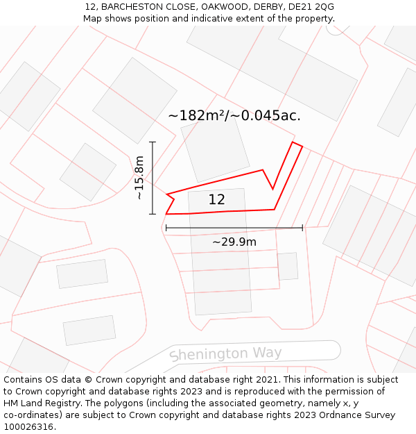 12, BARCHESTON CLOSE, OAKWOOD, DERBY, DE21 2QG: Plot and title map