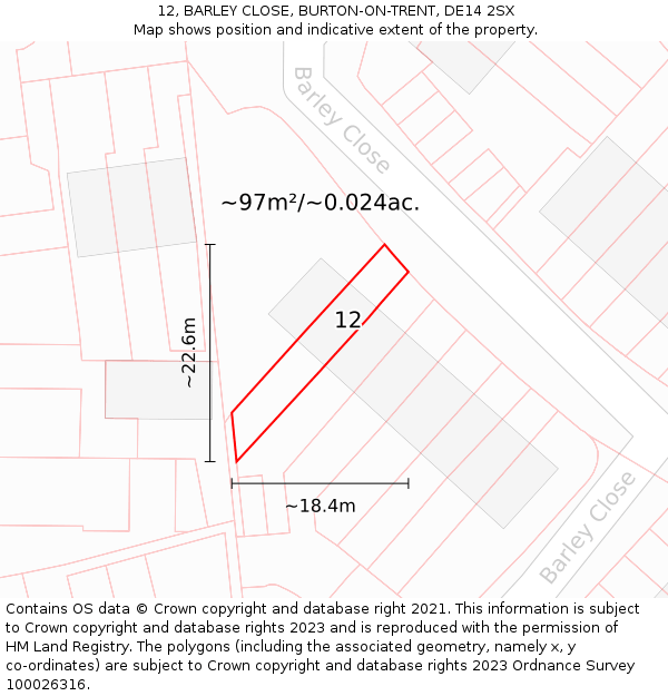 12, BARLEY CLOSE, BURTON-ON-TRENT, DE14 2SX: Plot and title map