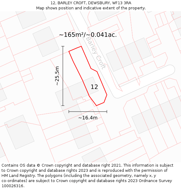 12, BARLEY CROFT, DEWSBURY, WF13 3RA: Plot and title map