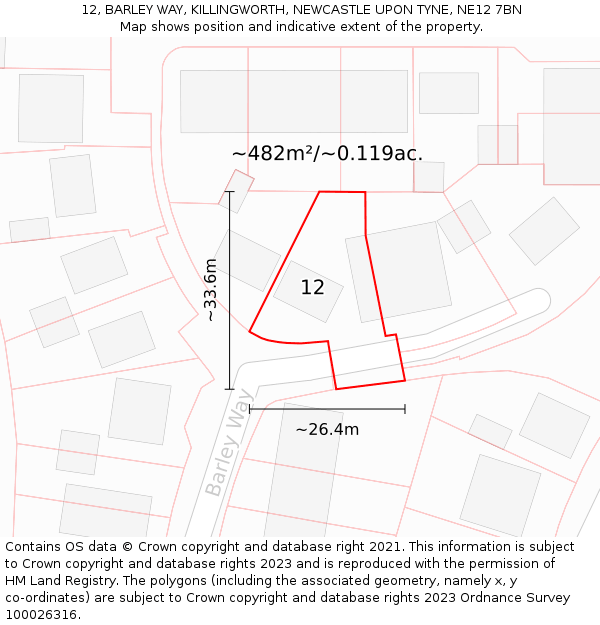 12, BARLEY WAY, KILLINGWORTH, NEWCASTLE UPON TYNE, NE12 7BN: Plot and title map