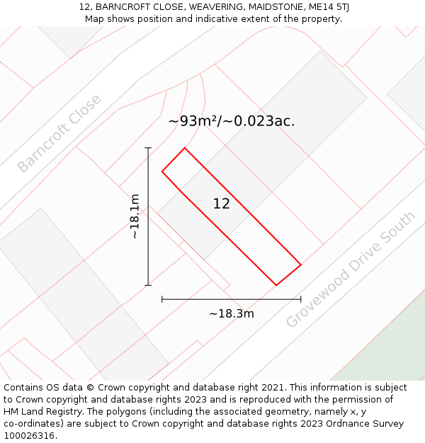 12, BARNCROFT CLOSE, WEAVERING, MAIDSTONE, ME14 5TJ: Plot and title map