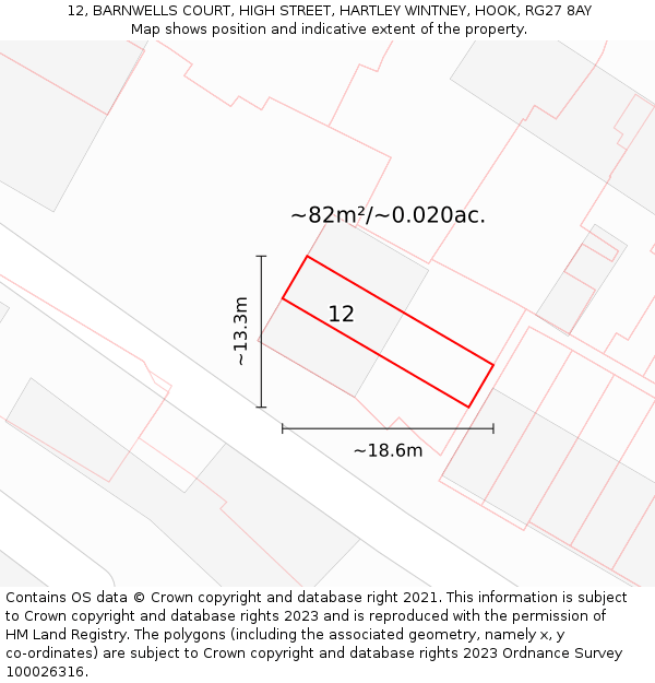 12, BARNWELLS COURT, HIGH STREET, HARTLEY WINTNEY, HOOK, RG27 8AY: Plot and title map